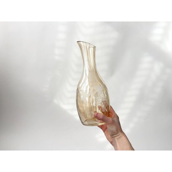 Etched Pale Yellow Glass Floral & Fruit Vintage Art Nouveau Oblique Glass Carafe - Picture 16 of 16